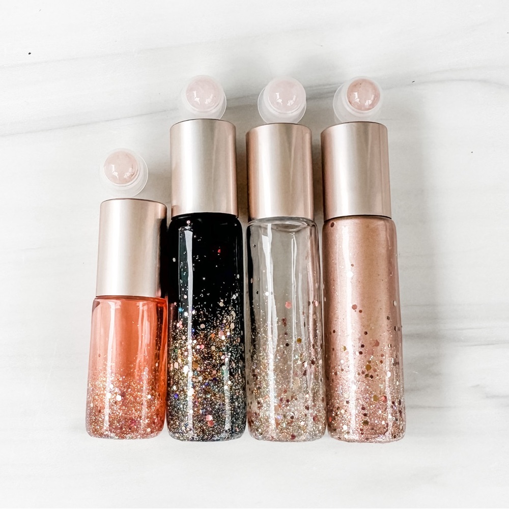 Set of 4 Glitter Glass Essential Oil Roller Bottles Epoxy Sealed, Rose Gold